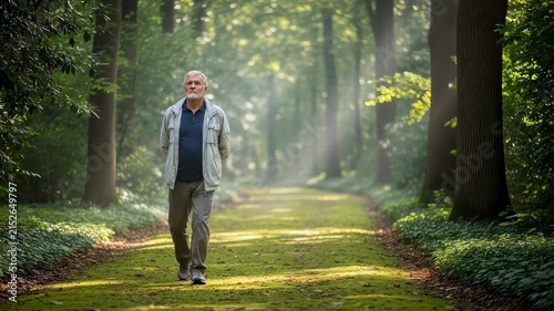 Elderly man walking on forest path for daily rehabilitation exercise. Senior male patient enjoying nature walk for mental health recovery in peaceful green woods.
