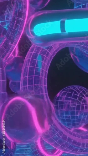 Futuristic neon wireframe and glass shapes floating in dark abstract space