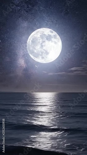 A serene full moon shines brightly over a dark ocean under a starry night sky