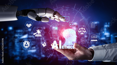 Canvastavla Conceptual representation of AI ethics with robotic hand reaching toward human hand holding a brain icon surrounded by digital symbols and icons related to technology, law, and society Quark