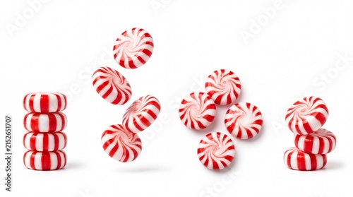 Red and white striped peppermint candies falling