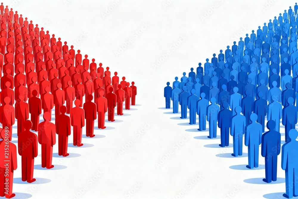 Fototapeta premium Red and blue crowds facing off in a divided group concept
