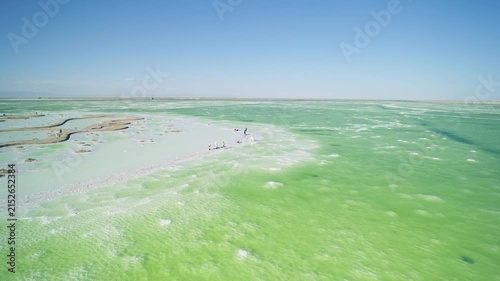 Aerial View of Emerald Water and White Salt Flat in Qarhan Salt Lake: Pure Mineral Lake, Salt Crystals and Sunlight in Qinghai