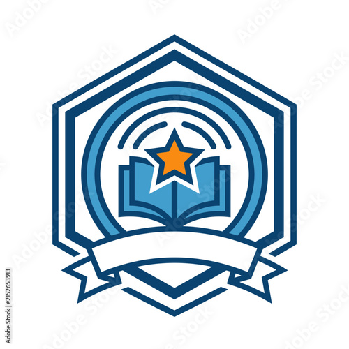 Professional Education Emblem with Open Book Star and Blank Ribbon Banner