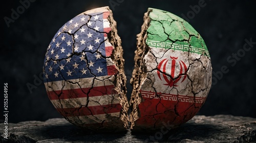 Cracked globe featuring split american and iranian flags representing global political tension with displays spherical object split two halves