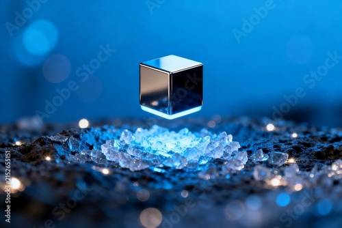 3D Metallic Cube Over Glowing Crystals