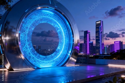 Futuristic Portal with City Skyline at Night