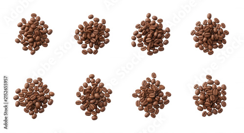 eight coffee bean heaps arranged in rows on a white surface the ingredient for food and beverage industry use