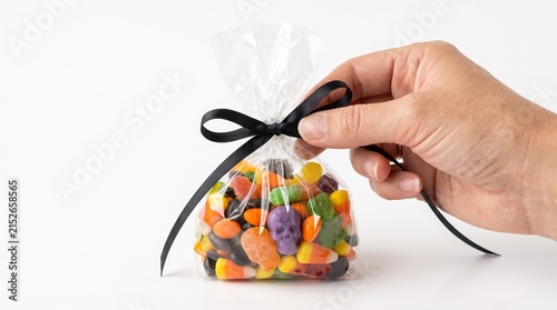 Hand holding a clear plastic bag filled with assorted Halloween candies tied with a black ribbon