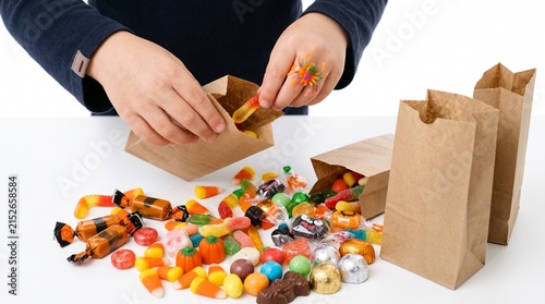 Childs hands filling paper bag with assorted Halloween candy including gummy worms and candy corn