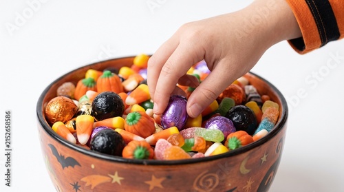 Childs hand reaching into a bowl of Halloween candy picking out a purple chocolate egg