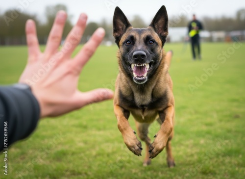 A close-up view of a person reaching a hand out towards a Belgian Malinois dog running aggressively.