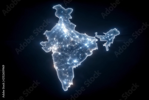 India map at night with glowing city lights, satellite view of urban development and energy.