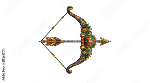 Golden bow and arrow with traditional ornaments.