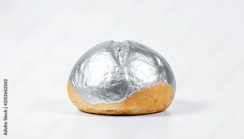 Fototapeta premium Bread roll partially wrapped in silver aluminum foil.