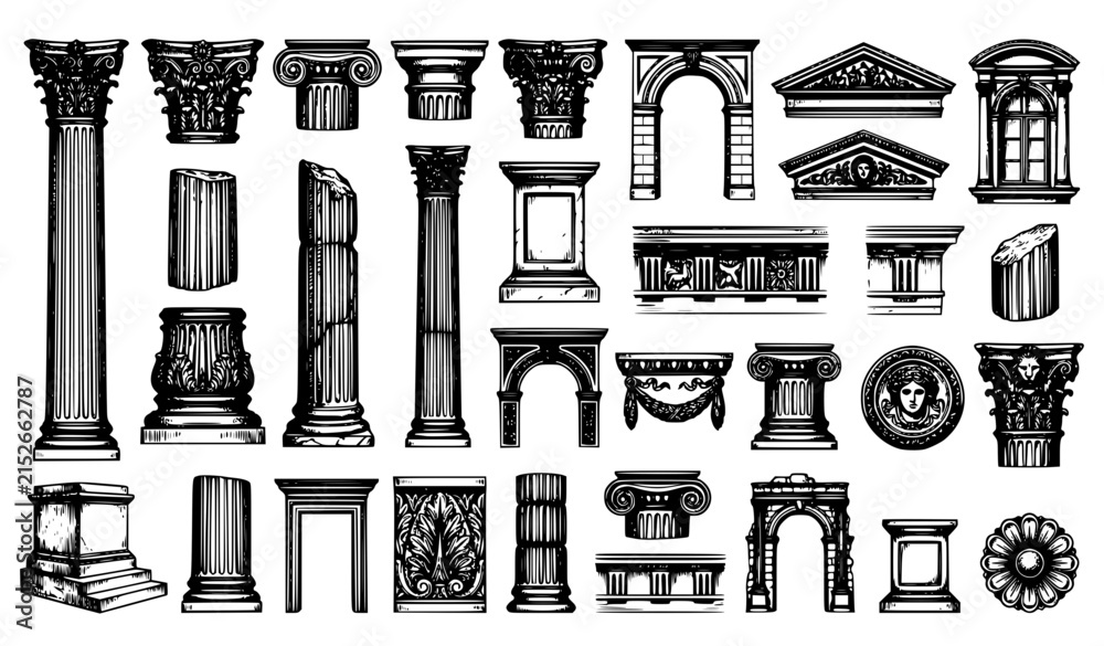 Fototapeta premium Vintage Monumental Architecture Column Sketch Collection Classical Line Art Vector Set
