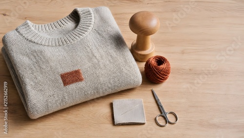 Visible mending repair on a wool sweater with darning tools