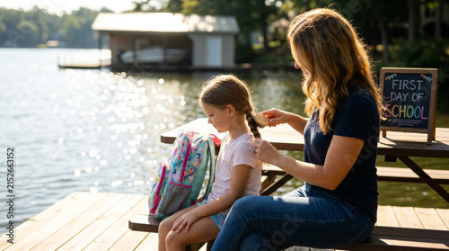 Mother brushes daughter's hair by a lake with a first day of school sign