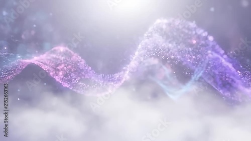 Luminous glowing particle waves on white foggy background.
