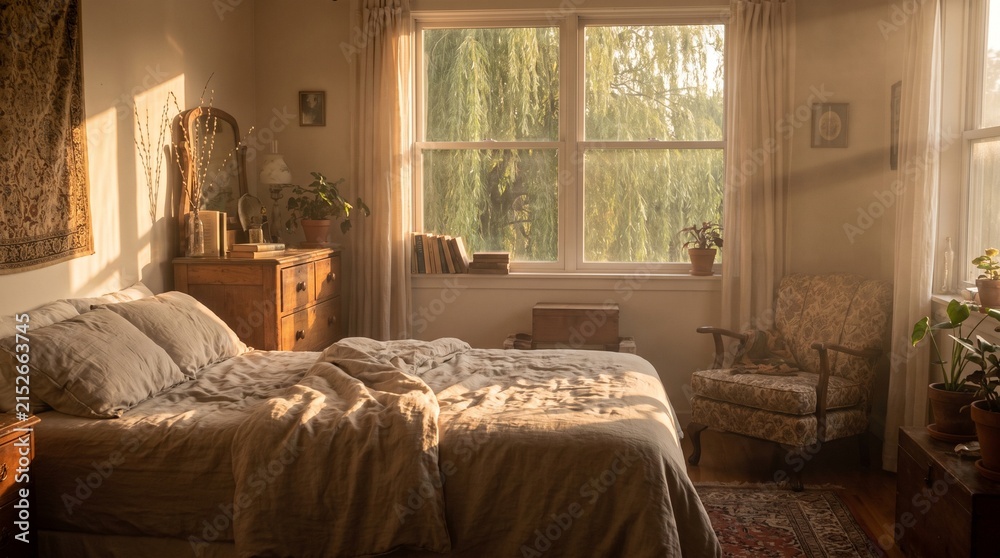 Fototapeta premium Cozy Bedroom with Natural Light and Vintage Decor