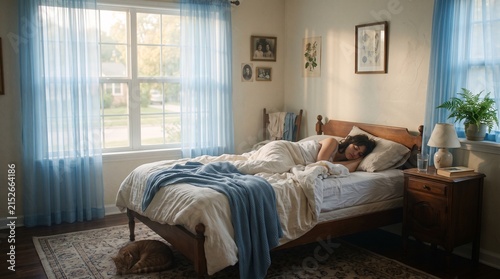 Woman Sleeping Peacefully in Cozy Bedroom with Natural Light