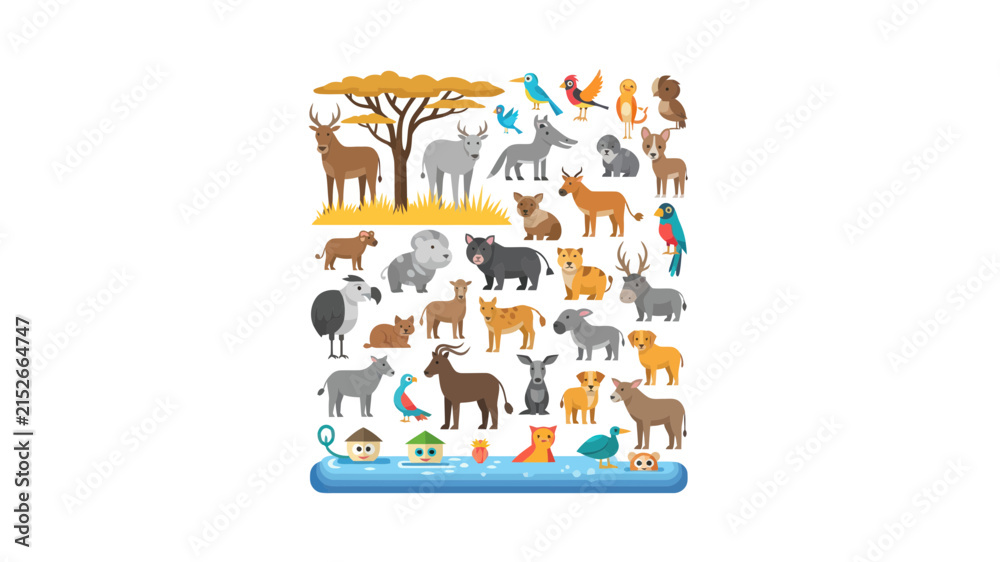 Obraz premium Cute Cartoon Wildlife and Savanna Animal Collection