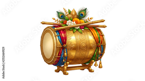 Golden dhol drum decorated with peacock feathers.