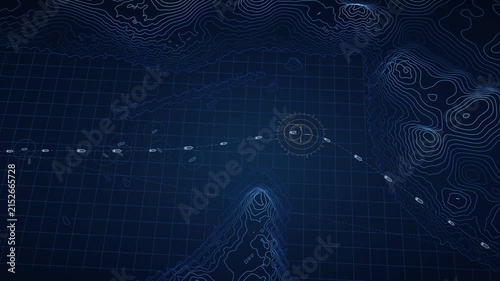 Strait of Hormuz Nightwatch Navigation Visualization, Dark Sea Map Animation, Maritime Traffic Monitoring, Seamless Loop, Geospatial Data, Topographic Lines, Nighttime Shipping Route