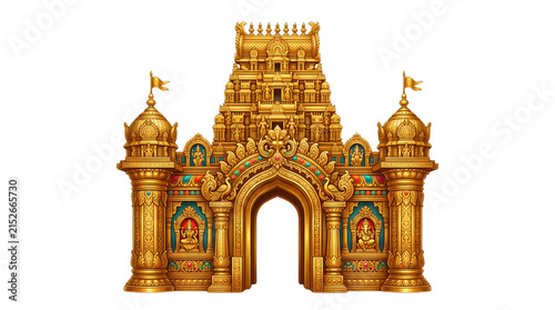 Golden Hindu temple entrance gopuram on black background.