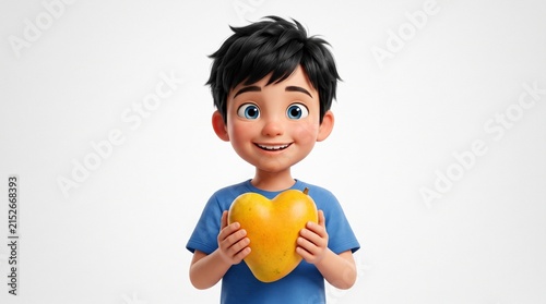Joyful child presenting heart shaped fruit with a radiant smile