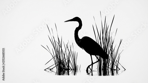 Heron silhouette standing among tall grasses by the water's edge