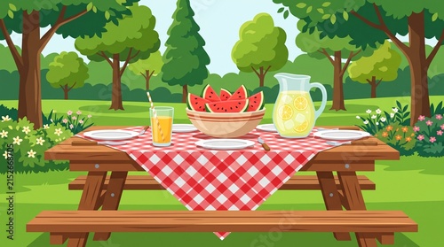 Summer picnic table setup with watermelon and lemonade in nature