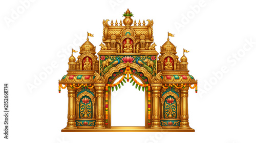 Golden Indian temple entrance gopuram gate.