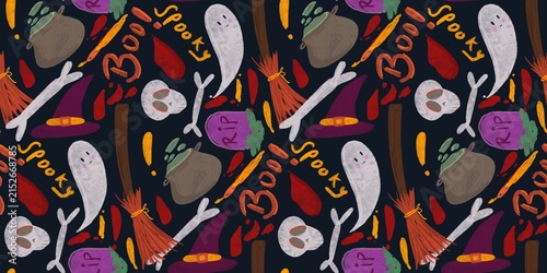 Obraz na plátně Seamless Halloween background pattern featuring hand-drawn spooky elements, ghos