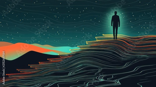 Silhouette figure on a stylized mountain range at night.  Abstract, vibrant colors, starry sky