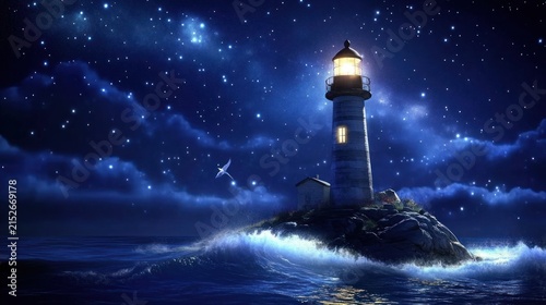 Luminous lighthouse on a rocky islet at night, with a starry sky and crashing waves