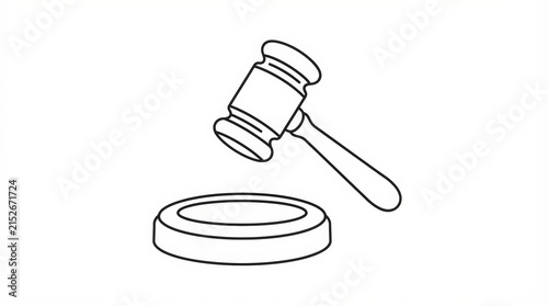 Judge's Gavel Raised Above Round Sound Block Line Art for Courtroom, Legal, and Auction Themes