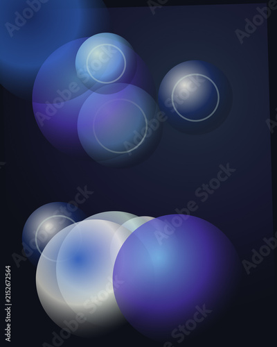 Deep blue and purple abstract spheres with soft glowing light and transparent overlays