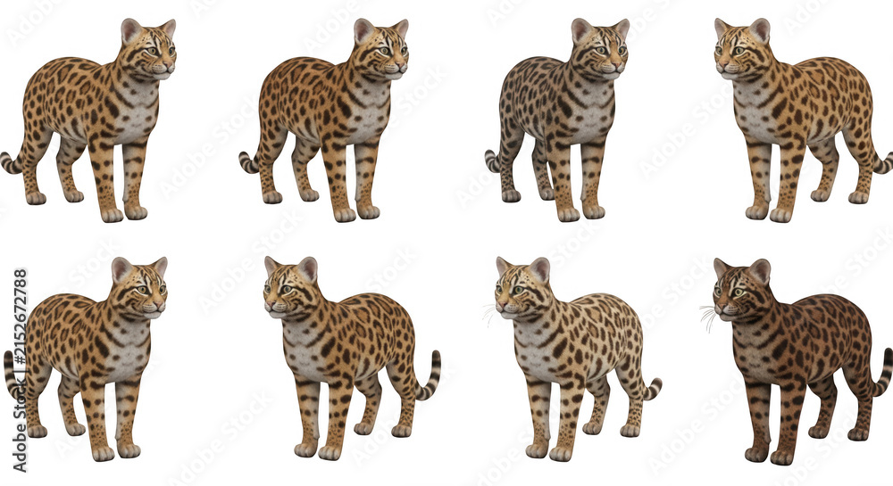Obraz premium eight ocelot renderings stand isolated on white background variations for design use