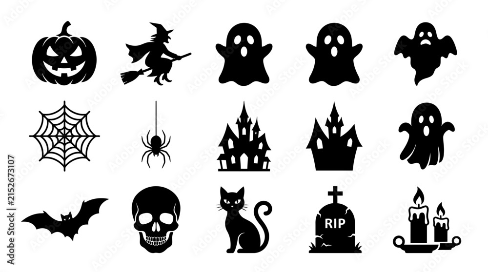 Fototapeta premium Halloween icons collection featuring spooky pumpkins ghosts witches bats skulls and haunted houses for design projects