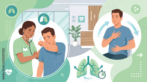 Doctor examining patient with cough, breathing exercise for lung health