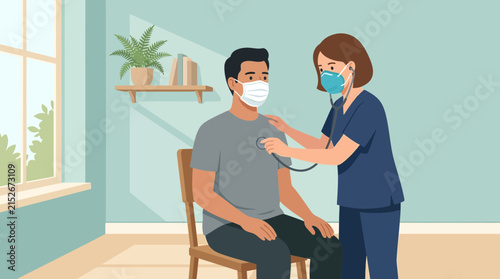 Doctor examining patient with stethoscope, both wearing masks