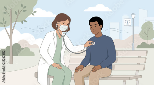Doctor examining patient with stethoscope in park, healthcare, medical check-up