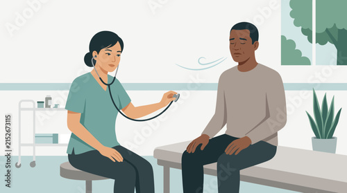 Doctor examining patient's breathing with stethoscope in clinic
