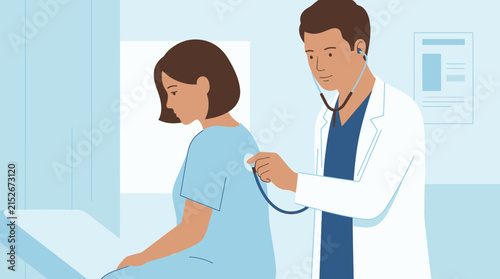 Doctor examining patient with stethoscope, isolated medical illustration