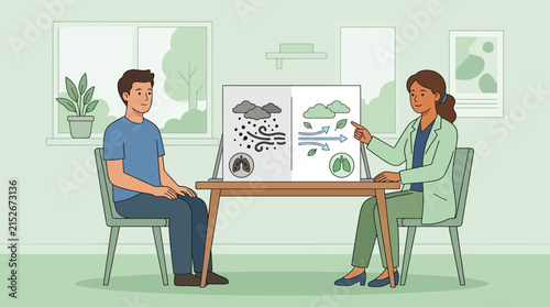 Doctor explaining air quality impact on lungs to patient, illustration