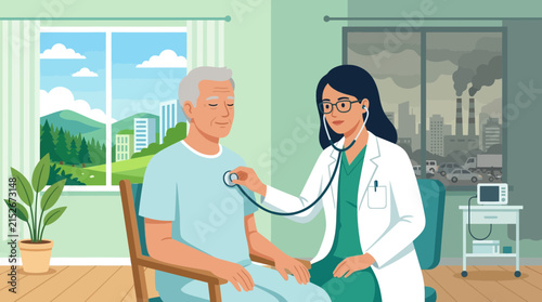Doctor examining senior patient, contrasting clean and polluted environments