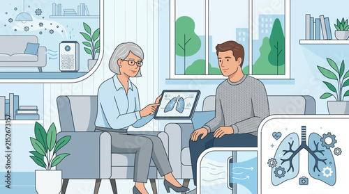 Doctor explaining lung health to patient with air purifier illustration