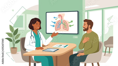 Doctor explains lung illustration to patient in clinic room