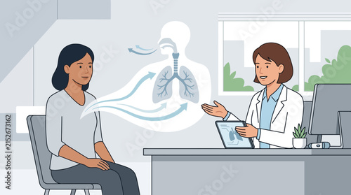 Doctor explains lung function to patient, transparent background illustration